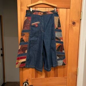 Impeccable Vintage Denim Culottes with Leather Patchwork